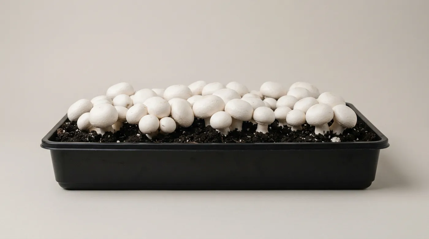 A black growing tray full of white button mushrooms