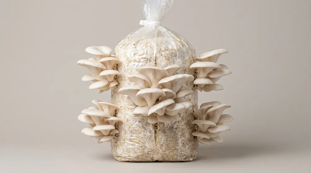 Oyster mushrooms bursting from the slits of a grow bag